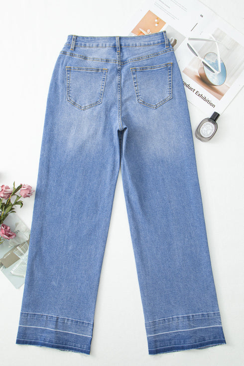 Raw Hem Unique Cuff High Rise Straight Loose Jeans